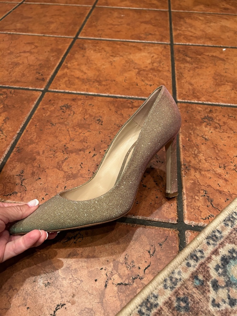 Stuart Wietzman Sparkle Pointed-Toe High Heels in Gold/Iridescent. - Picture 6 of 12